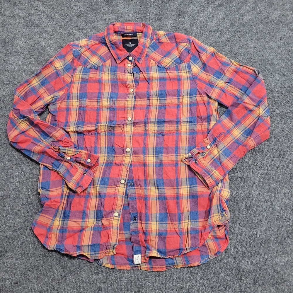 American Eagle Flannel Womens Size M Red Blue Plaid Boyfriend Fit Cotton Shirt